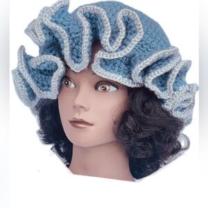 Trending Crochet Ruffle Hat And Scarf baby blue Color (Handmade)